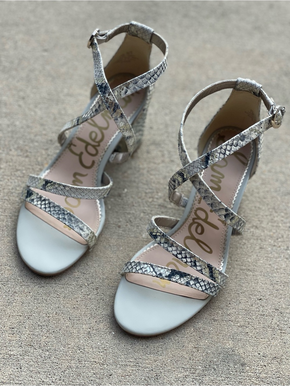 Sam Edelman Silver Snake-Print Strappy Heels